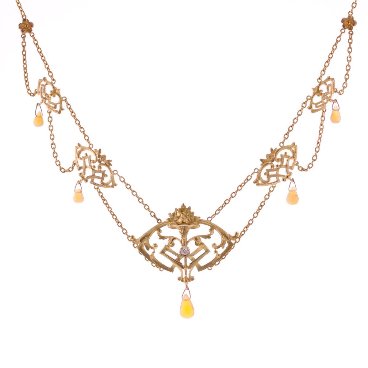 Antique Art Nouveau Opals And Diamond Necklace