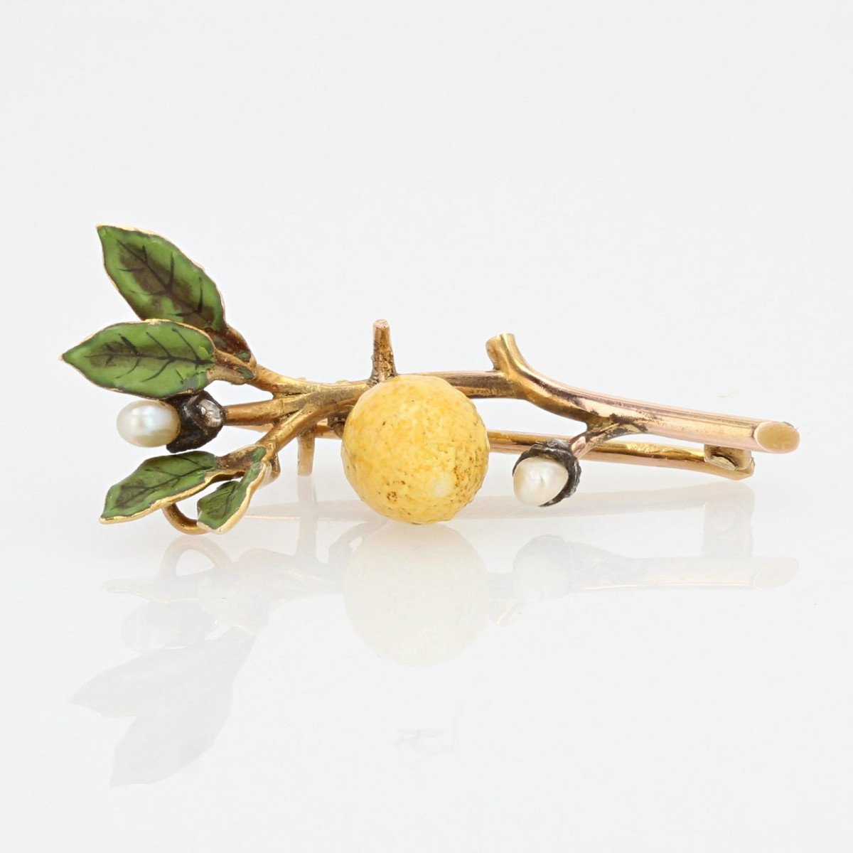 Broche Branche De Citronnier émail Et Perles Fines-photo-4