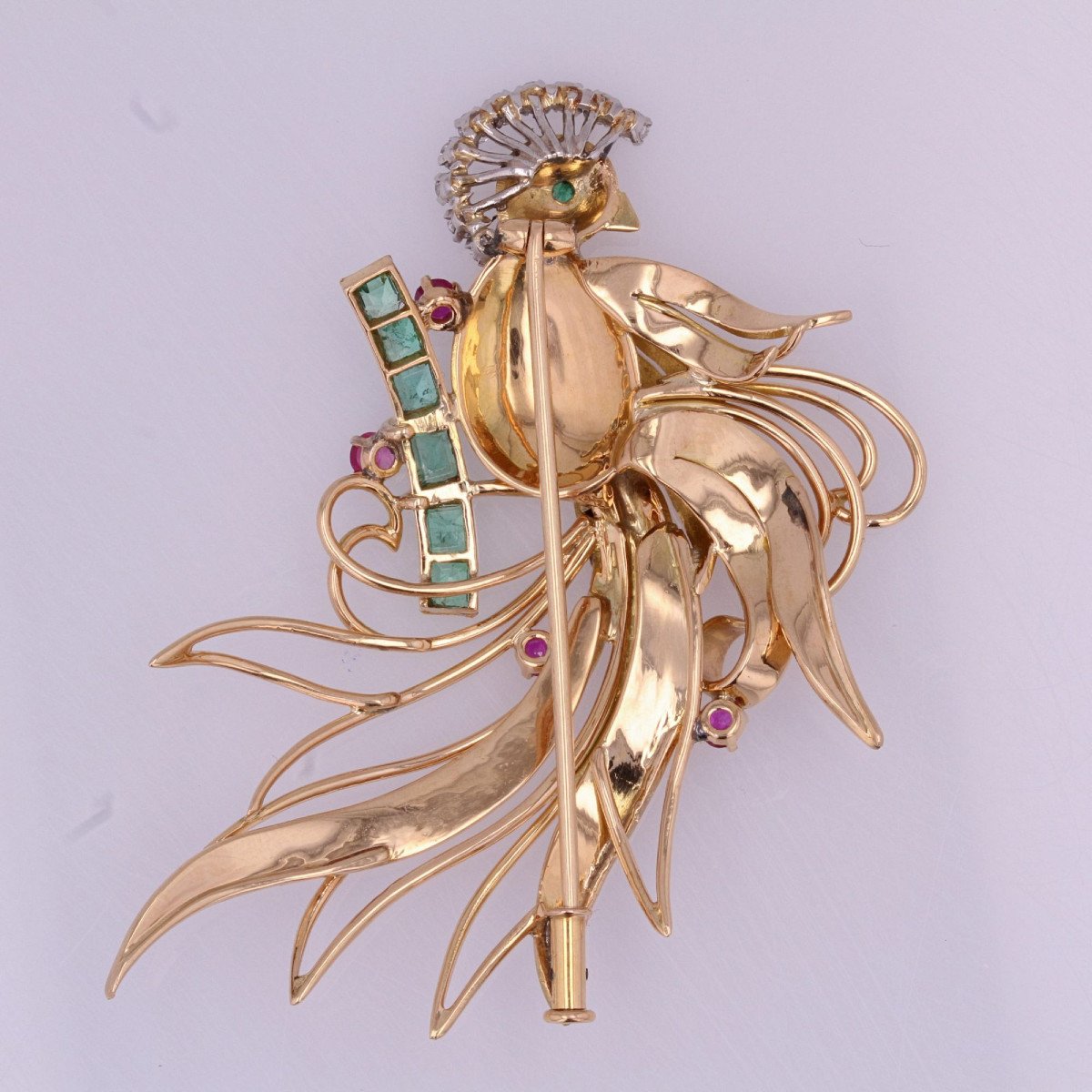 Vintage Brooch Bird Of Paradise Diamonds Emeralds Ruby-photo-2