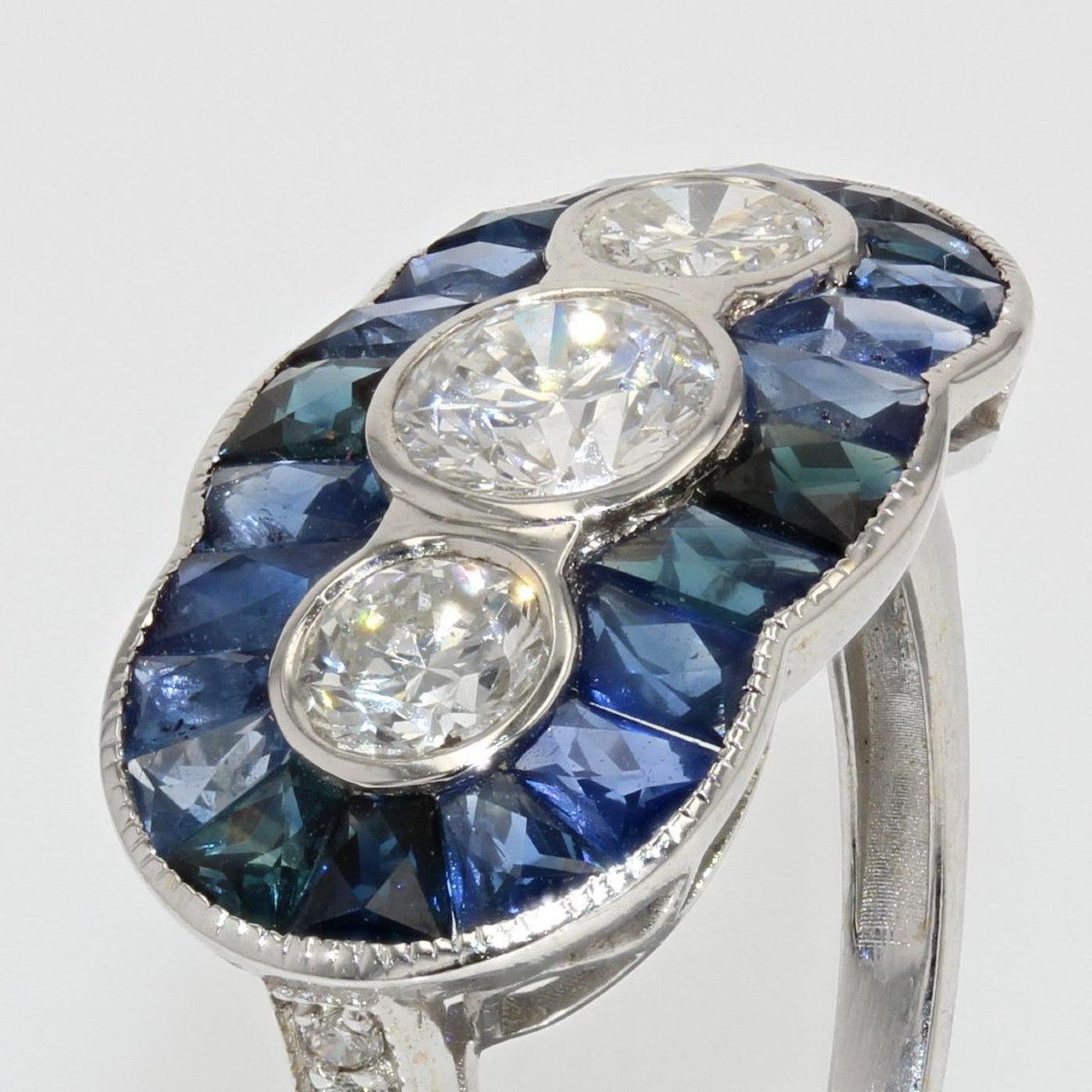 Art Deco Style Calibrated Sapphires And Diamonds Ring -photo-3