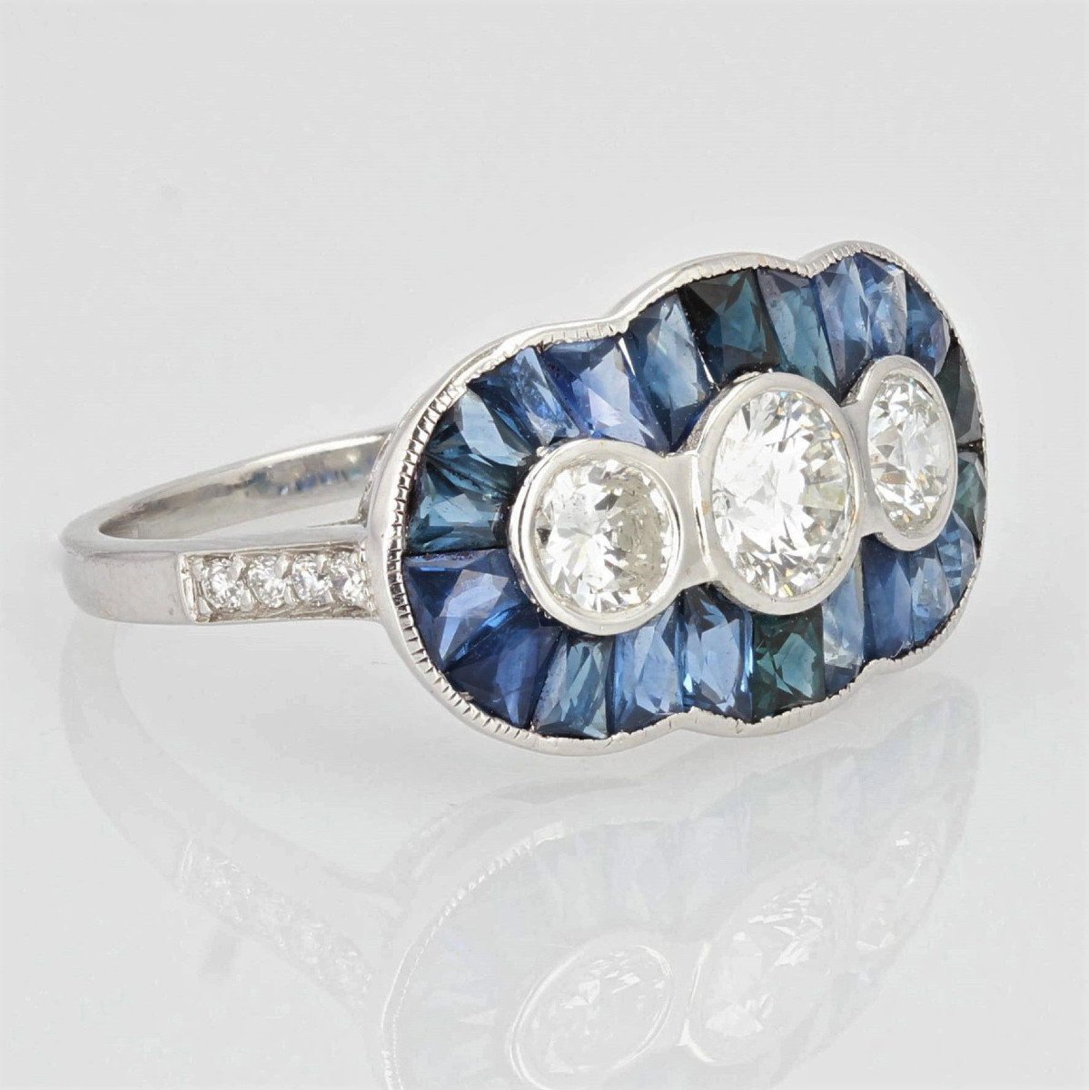 Art Deco Style Calibrated Sapphires And Diamonds Ring -photo-4