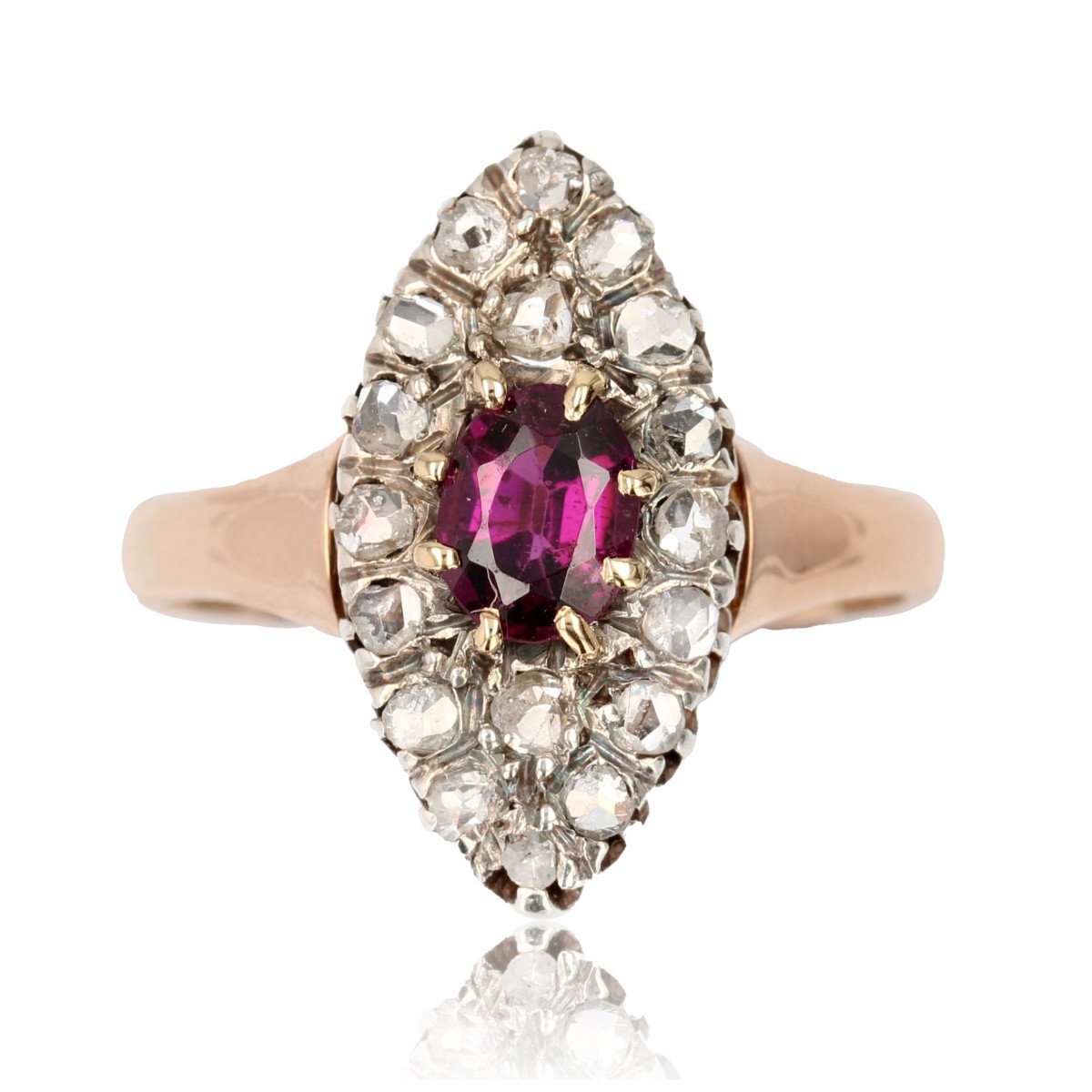 Bague Ancienne Marquise Grenat Et Diamants
