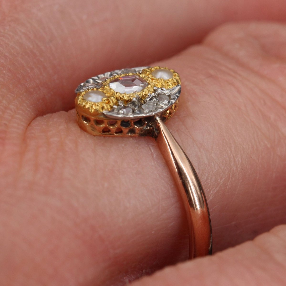 Bague Marquise Perles Fines Et Diamants Ancienne-photo-5