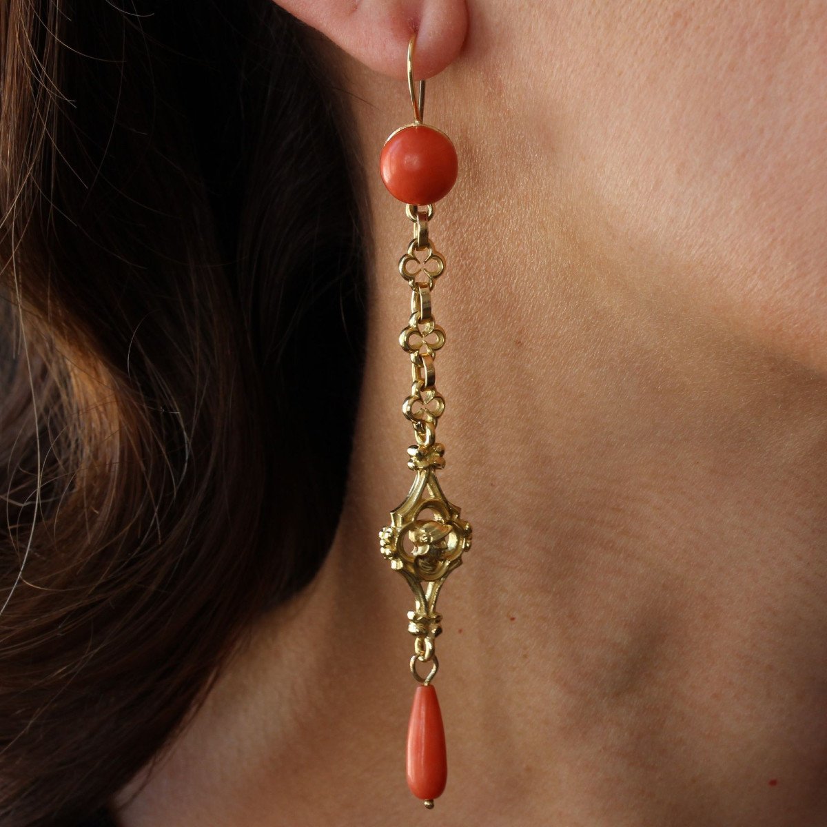 Antique Coral And Gold Drop Earrings-photo-4