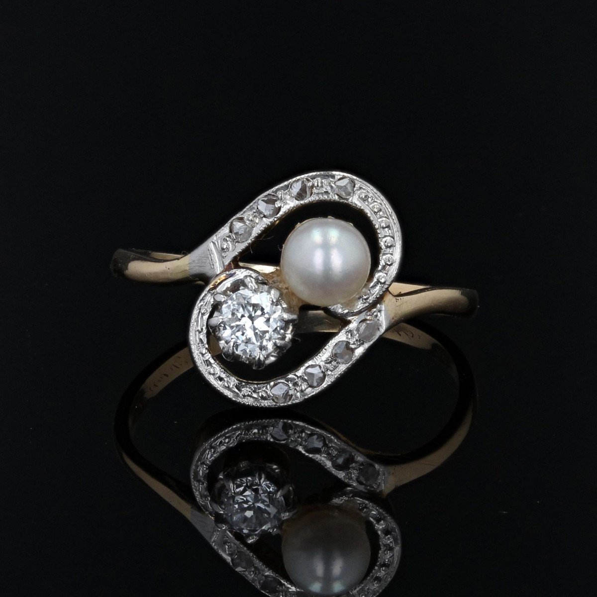 Old Tourbillon And Fine Diamond Pearl Duo Ring-photo-3