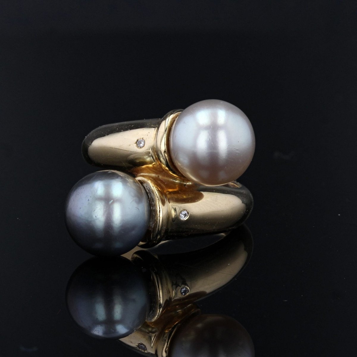 White Pearl And Gray Pearl Diamond Duo Ring-photo-3