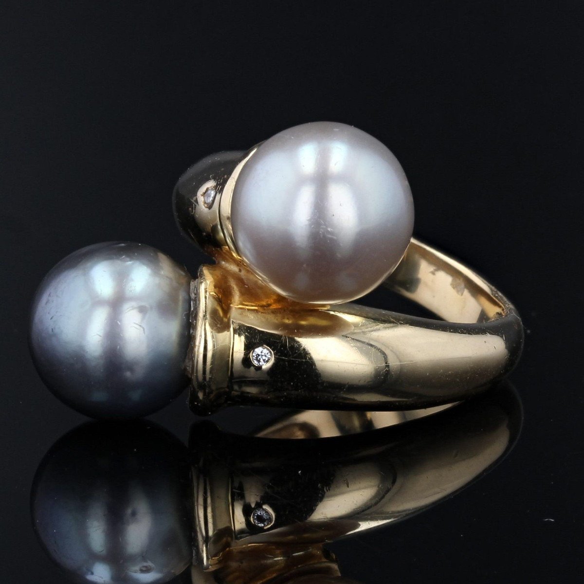 White Pearl And Gray Pearl Diamond Duo Ring-photo-4