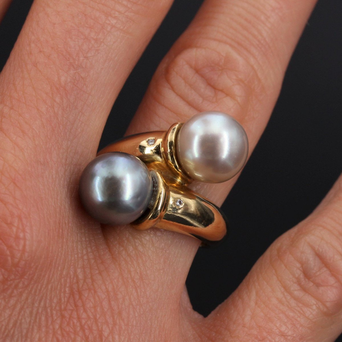 White Pearl And Gray Pearl Diamond Duo Ring-photo-1