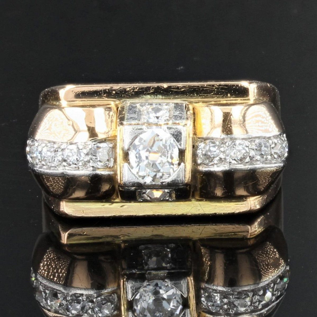 Vintage Tank Yellow Gold Diamond Ring-photo-4