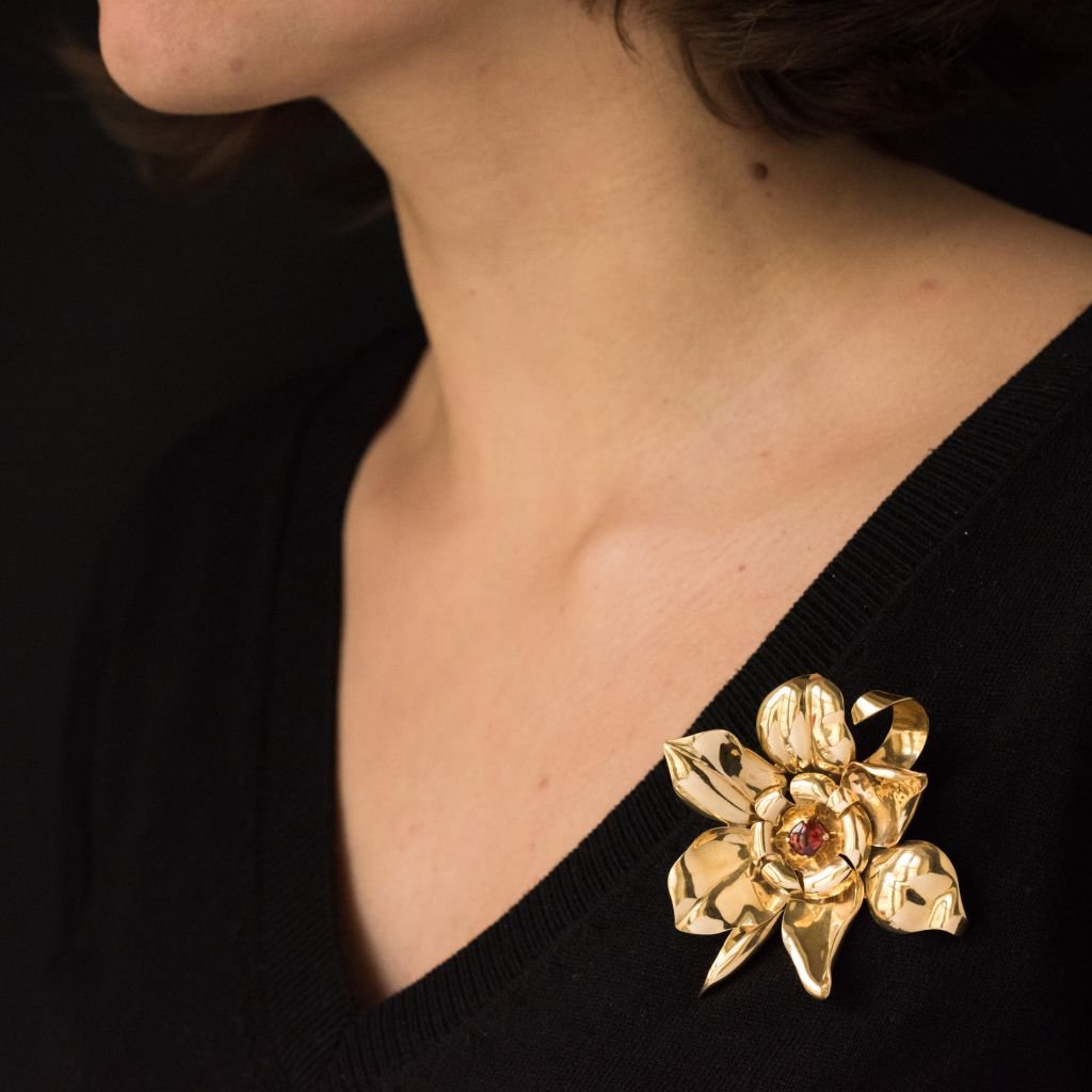 Flower Gold And Orange Garnet Cabochon Brooch-photo-2