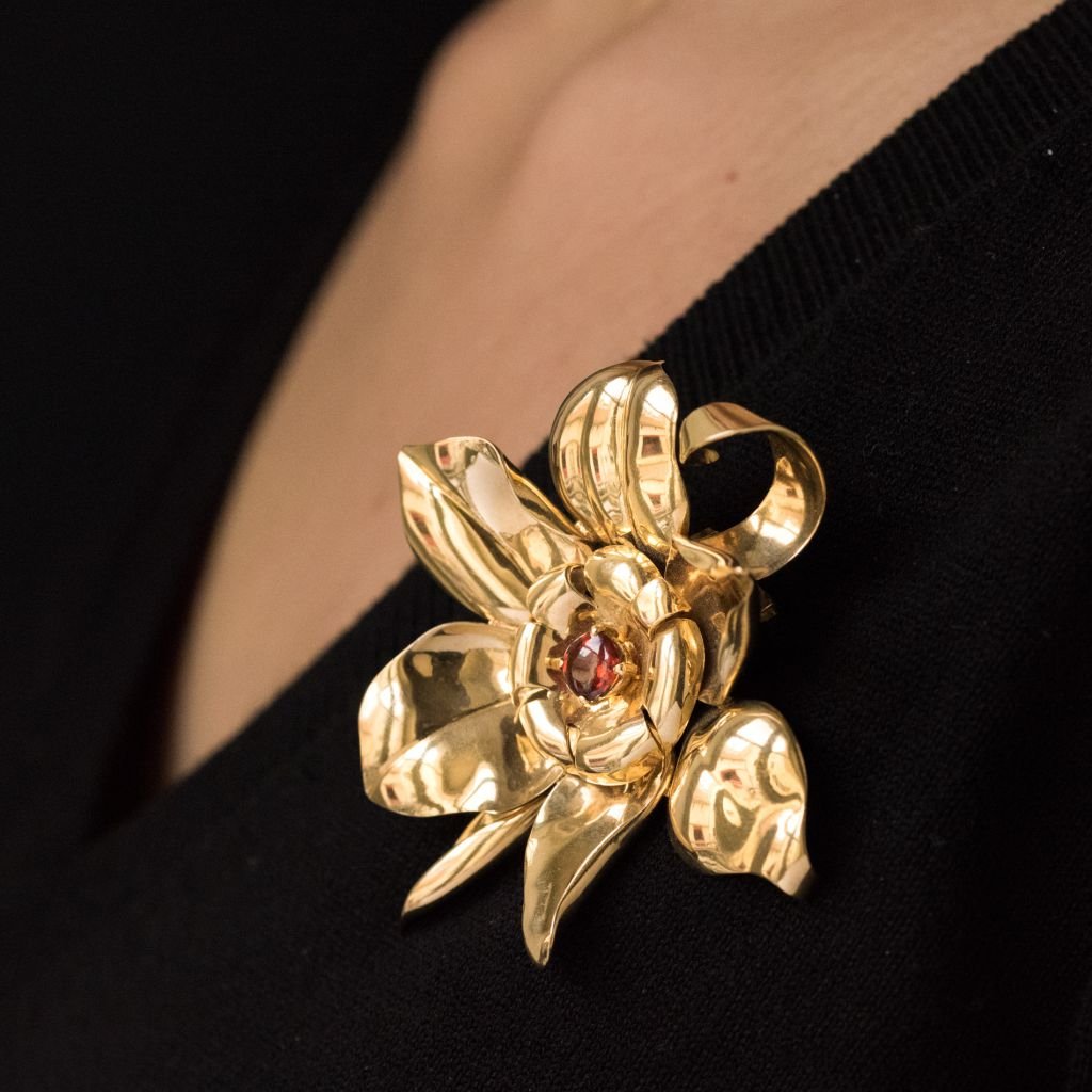 Flower Gold And Orange Garnet Cabochon Brooch-photo-3