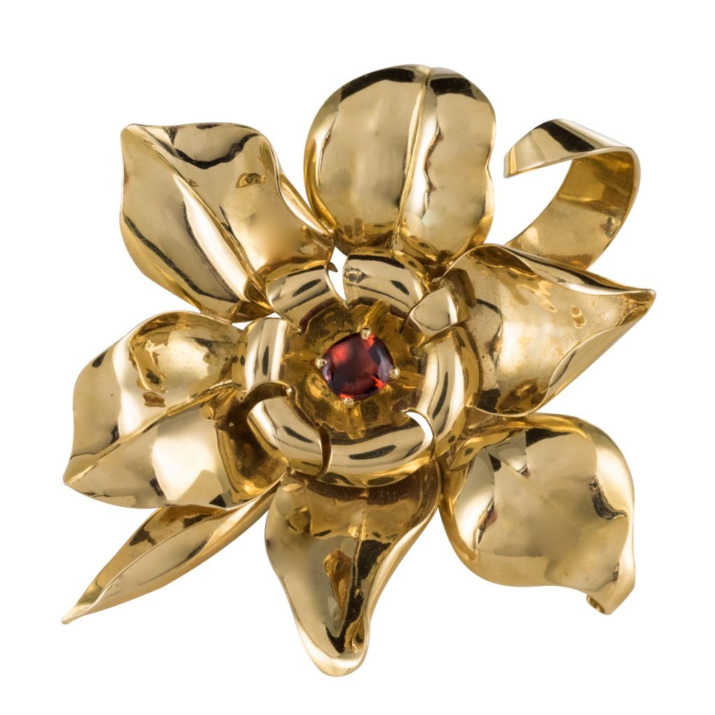 Flower Gold And Orange Garnet Cabochon Brooch