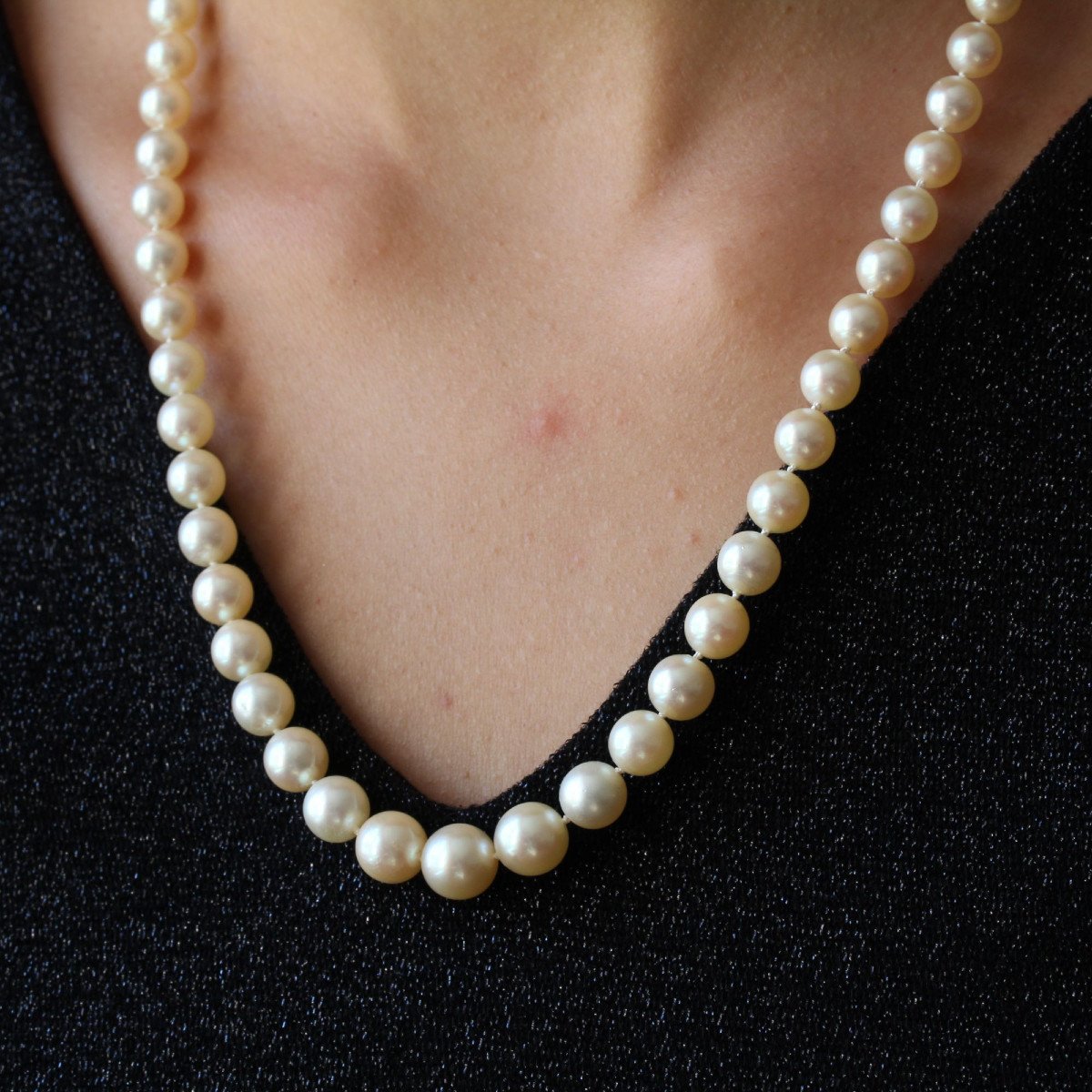 Cultured Pearl Necklace Emerald Clasp Diamonds-photo-4