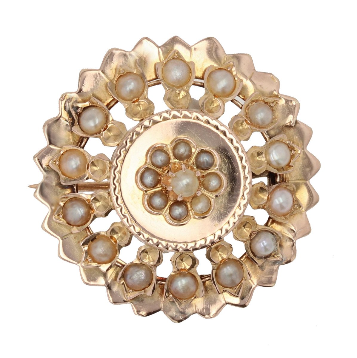 Broche Ancienne Or Rose Et Perles Fines