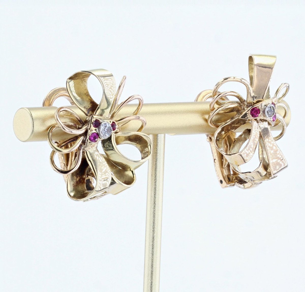 Boucles d'Oreilles Anciennes Vintage Nœud Or Et Diamants-photo-2