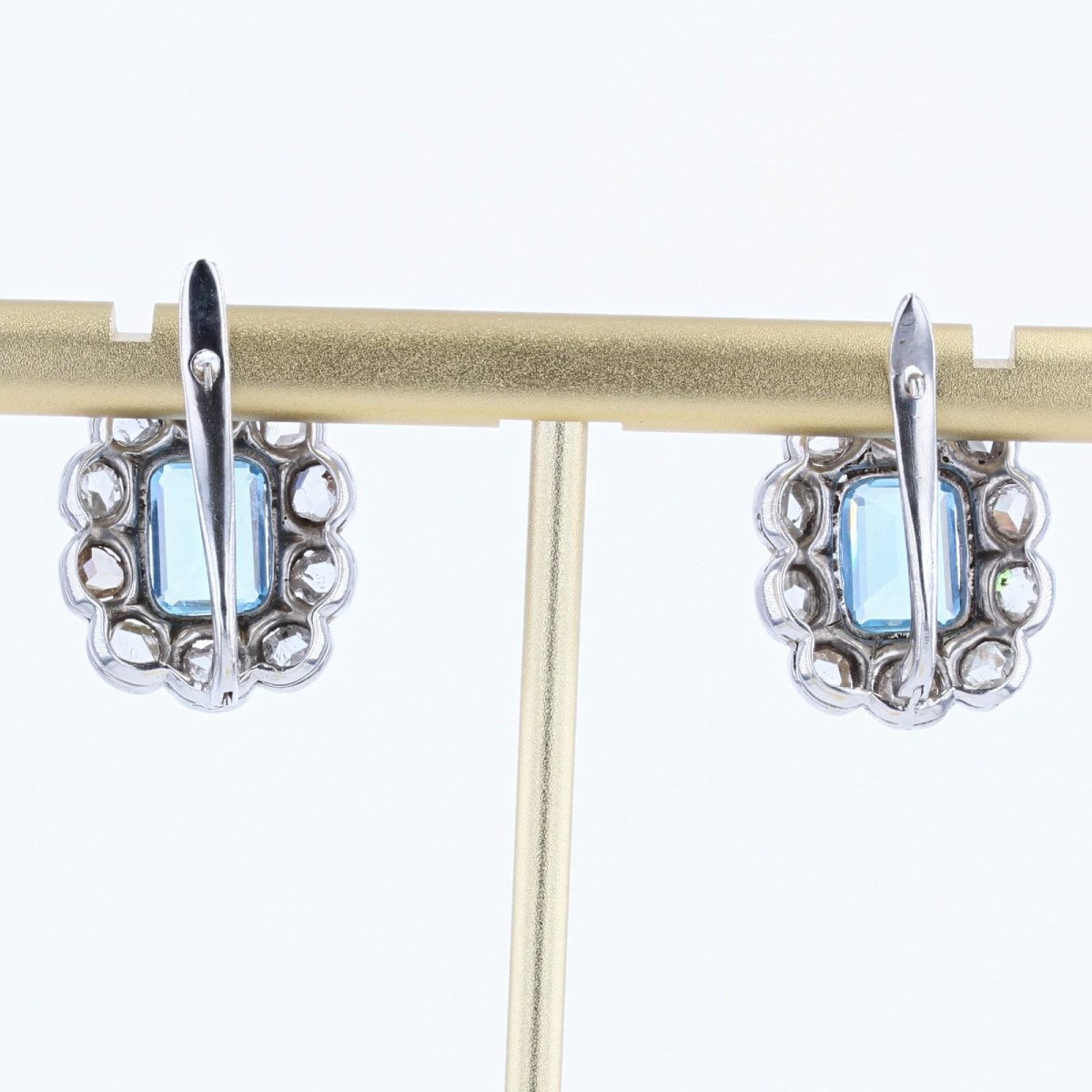 Boucles d'Oreilles Anciennes Marguerites Aigue-marines Et Diamants Taillés En Rose-photo-4