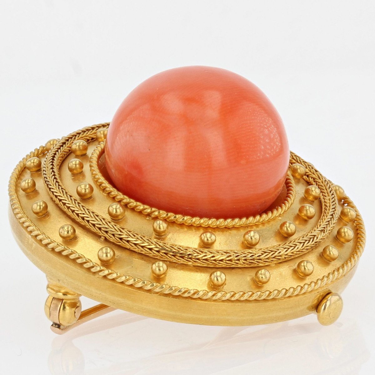 Antique Brooch In Matt Yellow Gold And Its Coral Pearl-photo-3