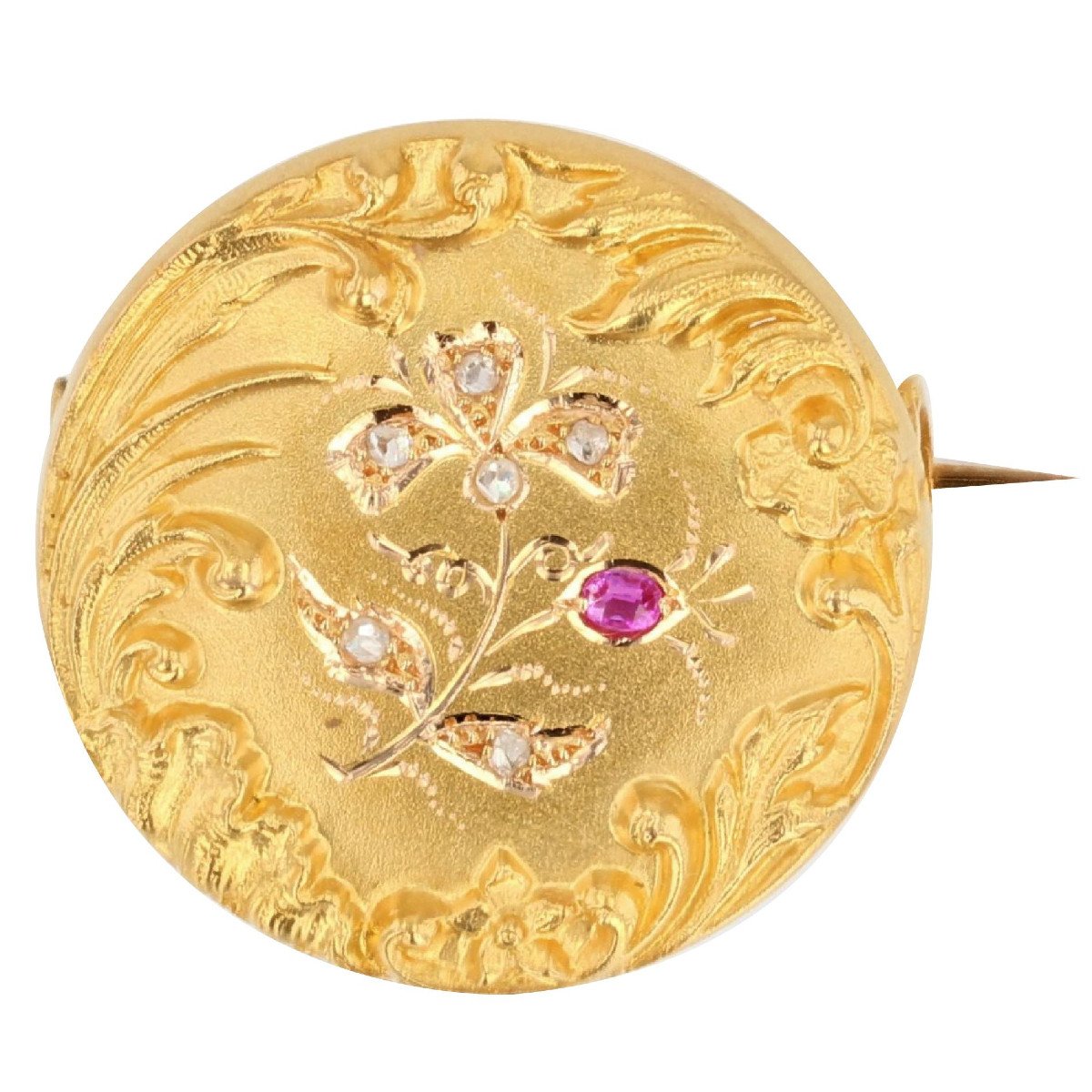 Broche En Or Jaune Au Décor Floral Rubis Diamants