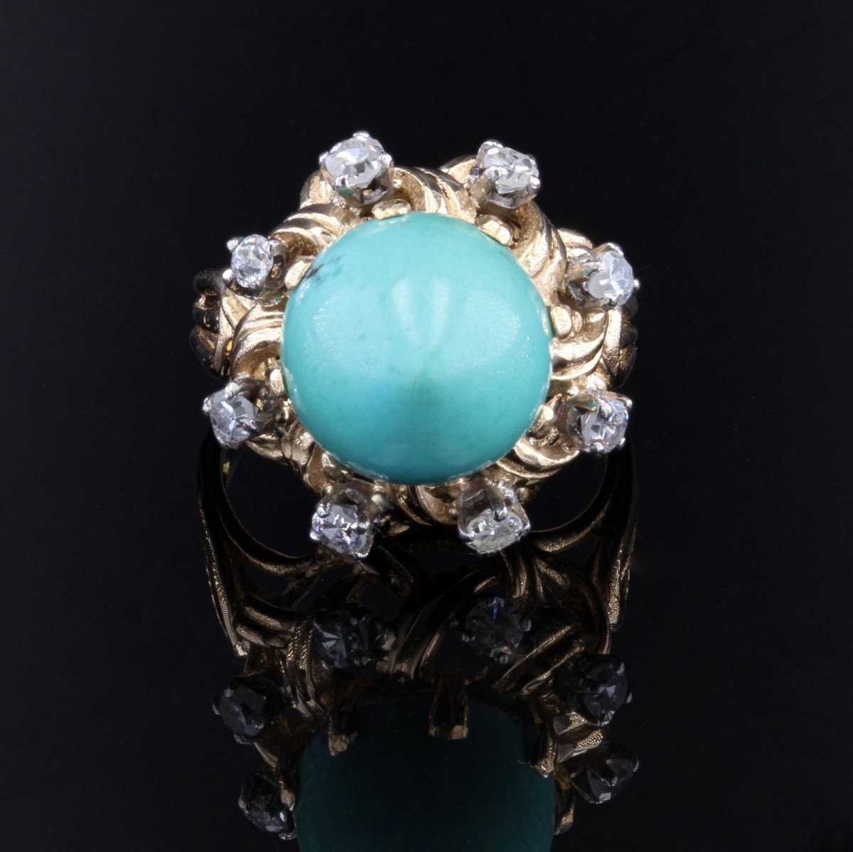 Bague Vintage Turquoise Pain De Sucre Et Diamants-photo-3