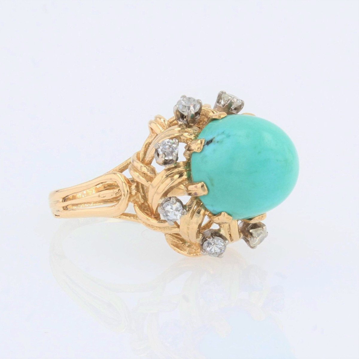 Bague Vintage Turquoise Pain De Sucre Et Diamants-photo-6