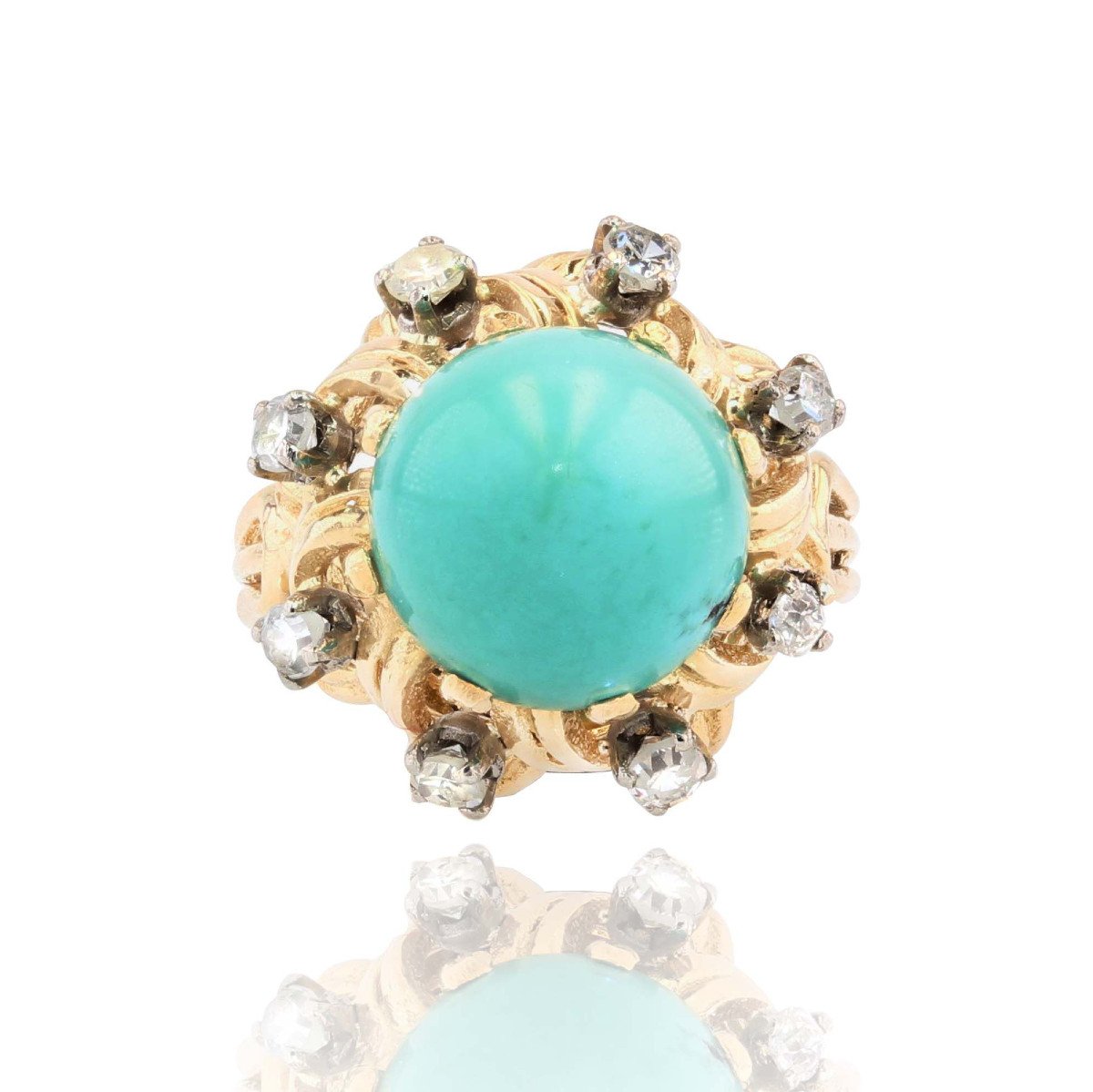 Bague Vintage Turquoise Pain De Sucre Et Diamants