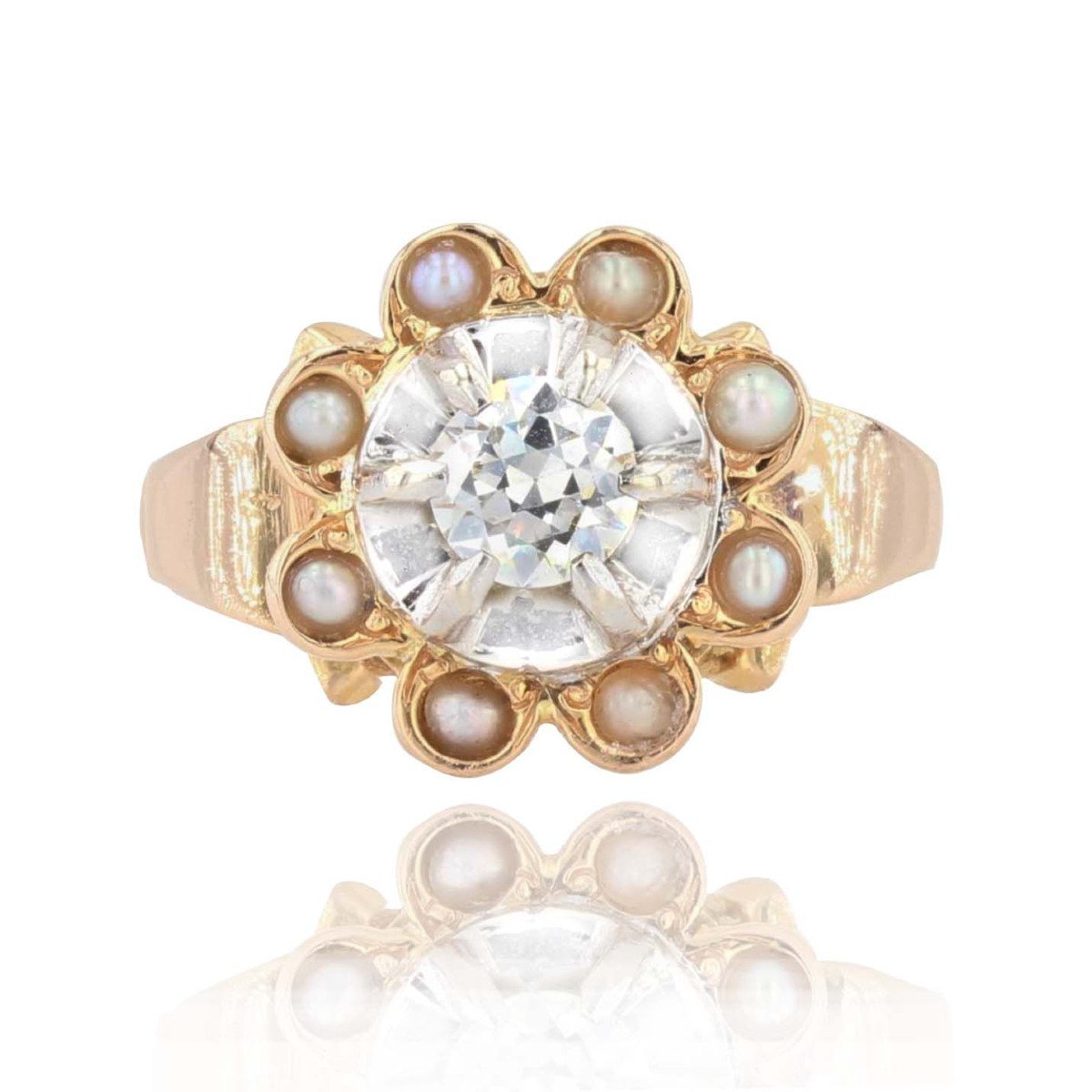 Old Diamond Ring Surrounded By Pearls