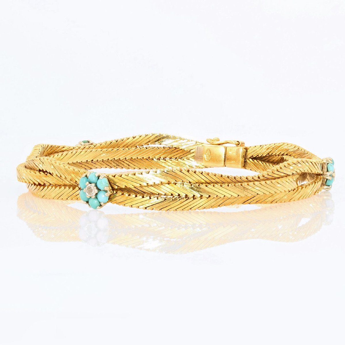 Old Gold Bracelet With Turquoise Flowers And Diamonds-photo-3