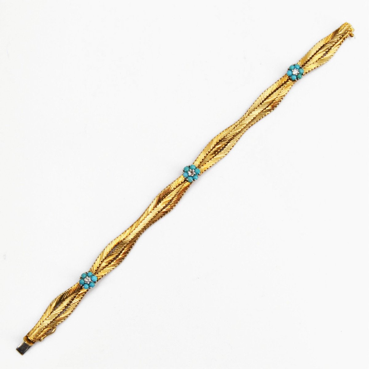 Old Gold Bracelet With Turquoise Flowers And Diamonds-photo-4