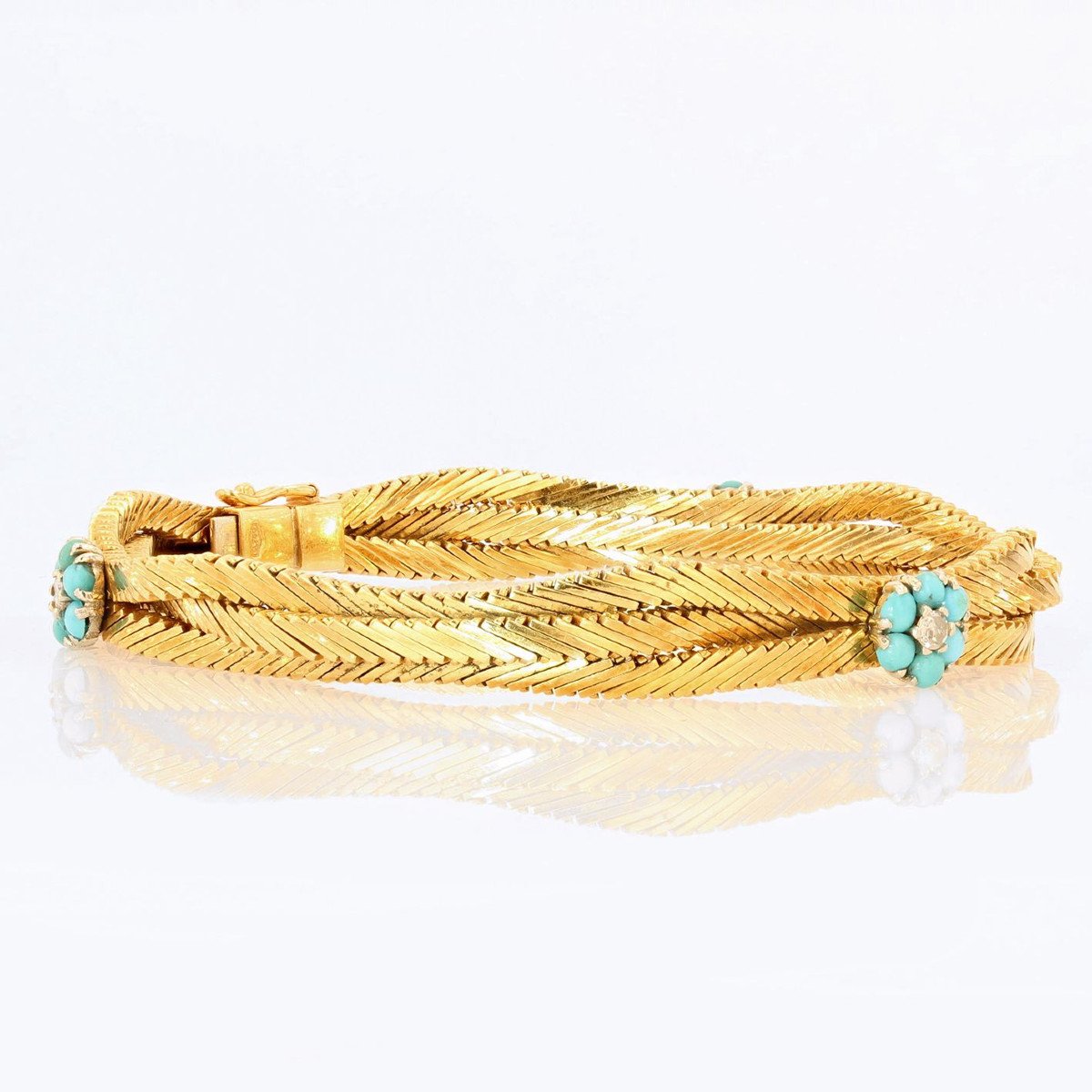 Old Gold Bracelet With Turquoise Flowers And Diamonds-photo-3