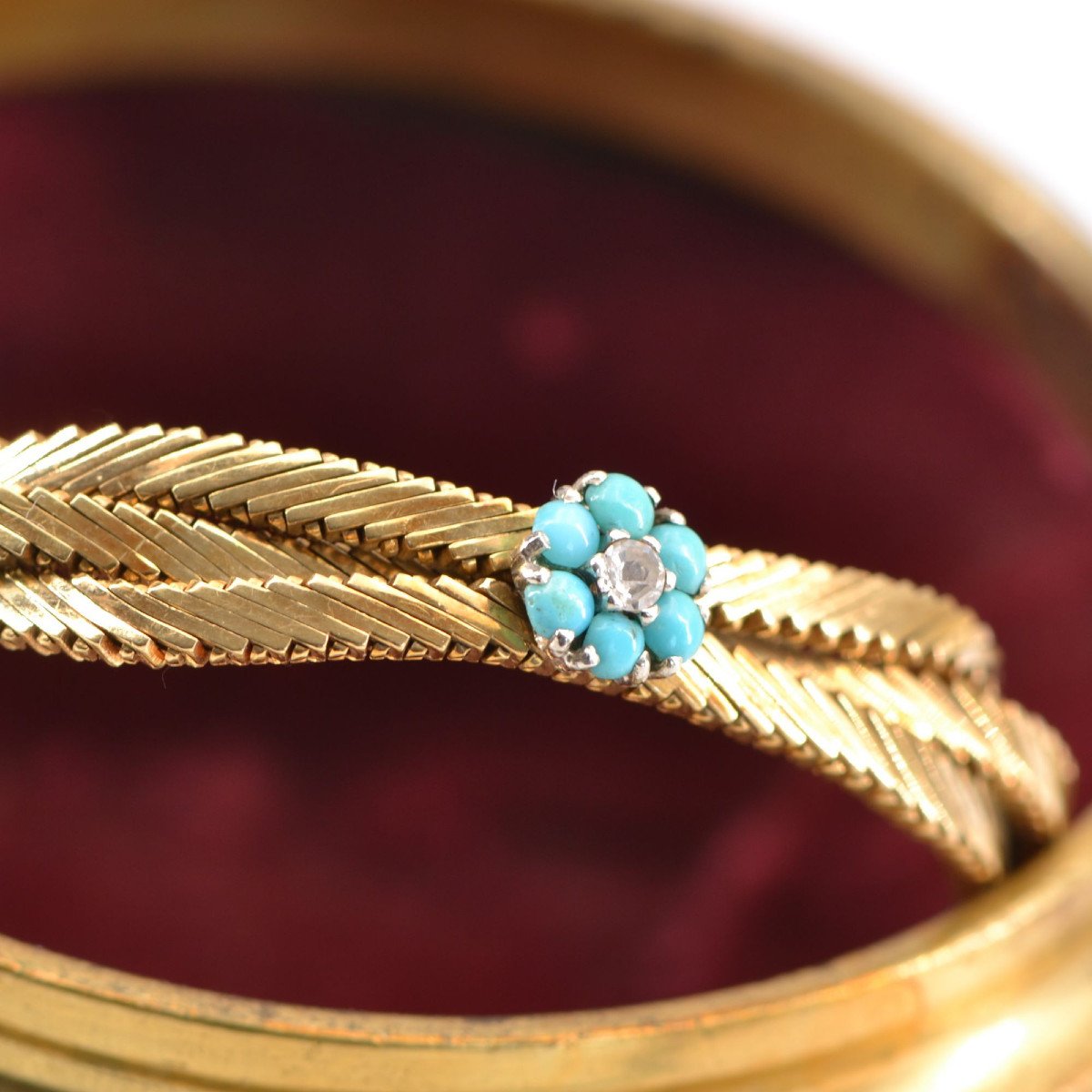 Old Gold Bracelet With Turquoise Flowers And Diamonds-photo-4