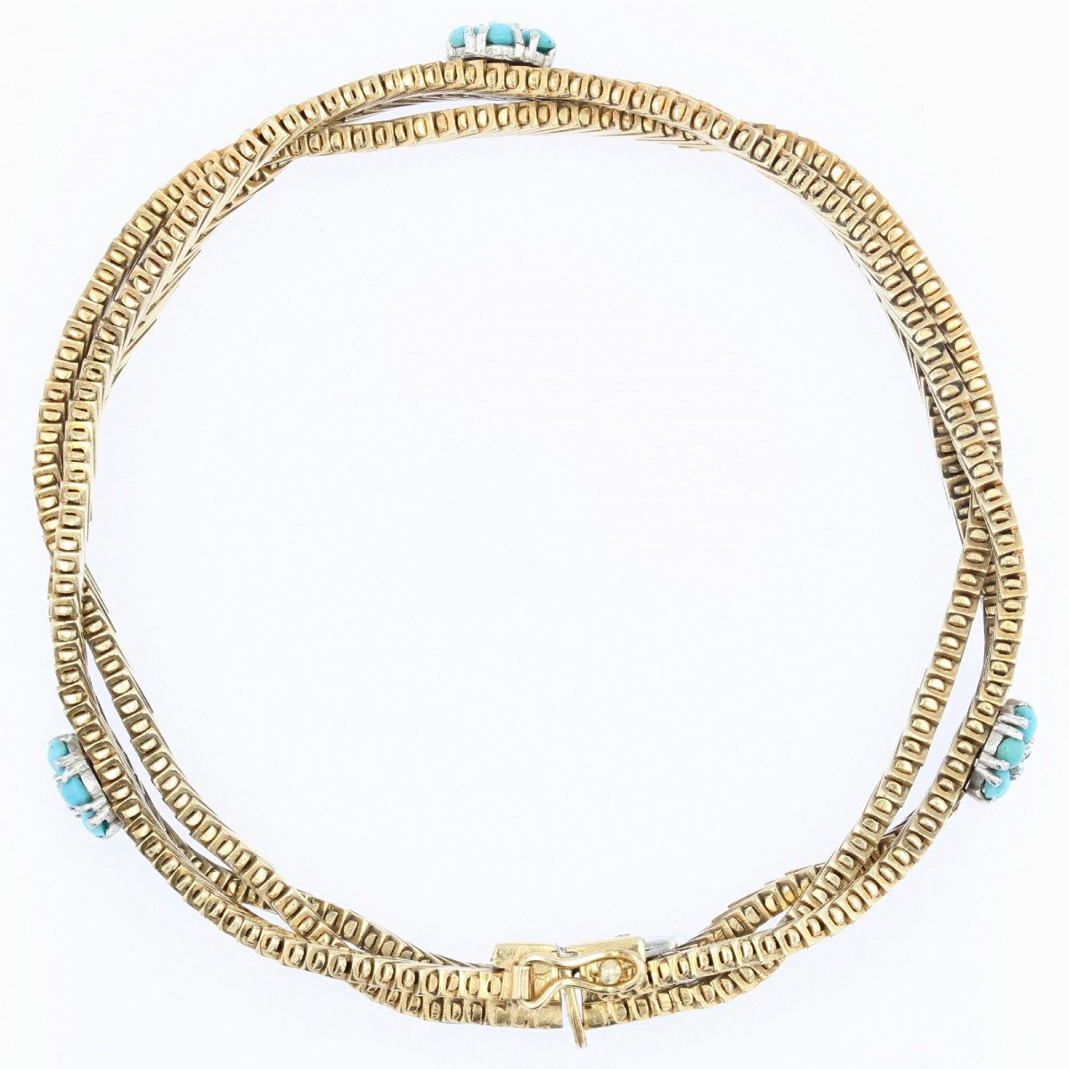 Old Gold Bracelet With Turquoise Flowers And Diamonds-photo-6