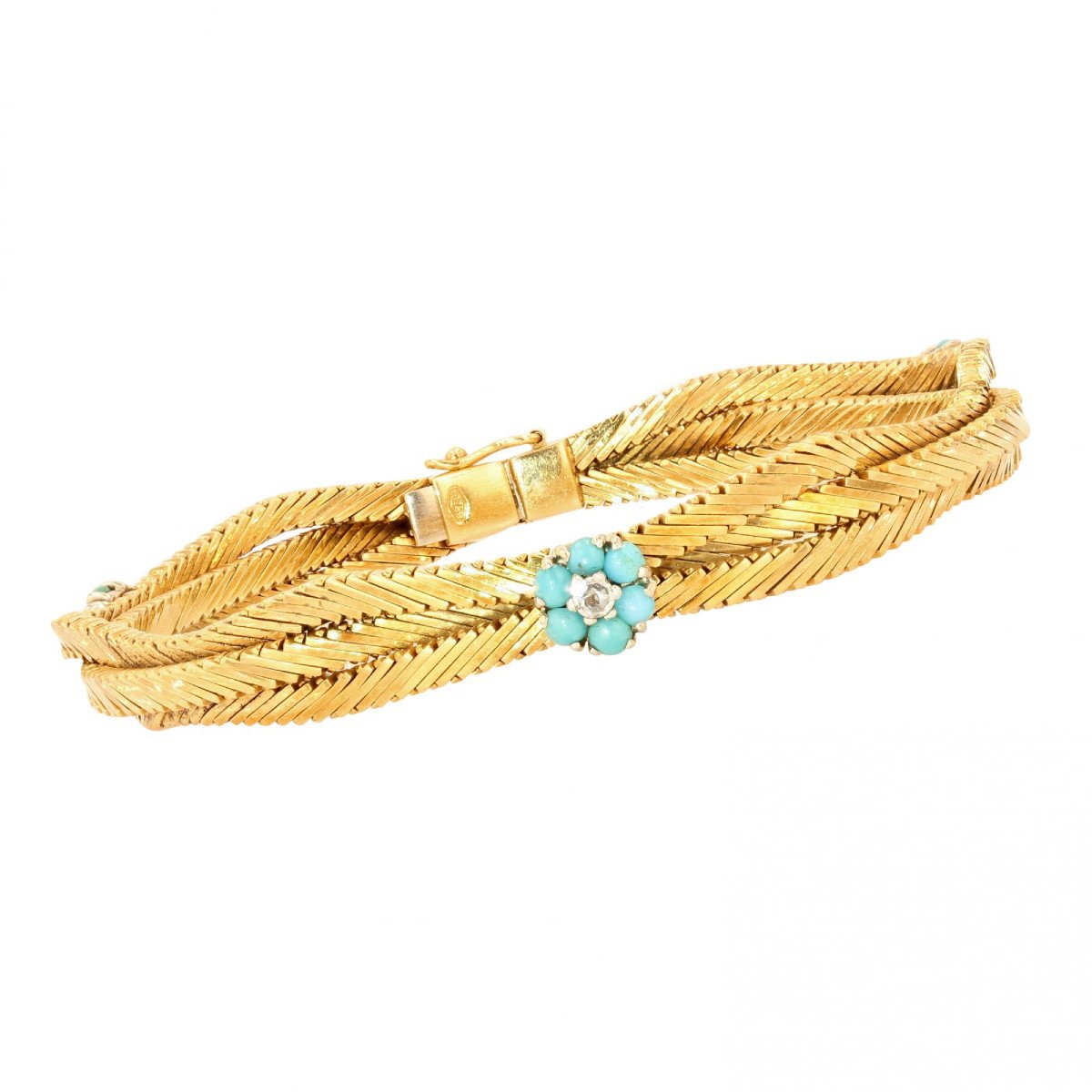 Old Gold Bracelet With Turquoise Flowers And Diamonds