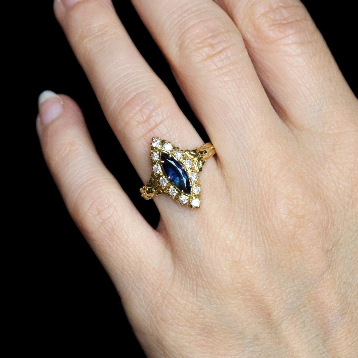 Navette Gold Diamond Sapphire Ring-photo-2