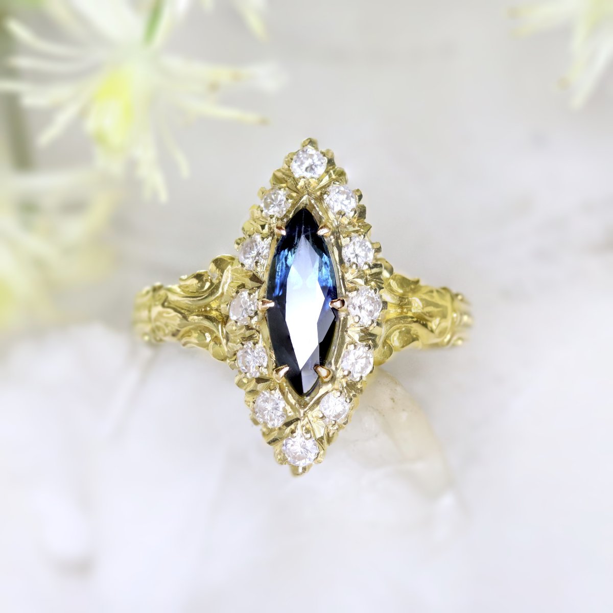 Navette Gold Diamond Sapphire Ring-photo-3