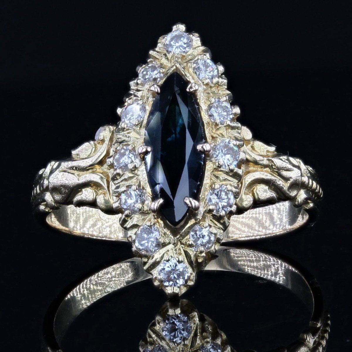 Navette Gold Diamond Sapphire Ring-photo-4