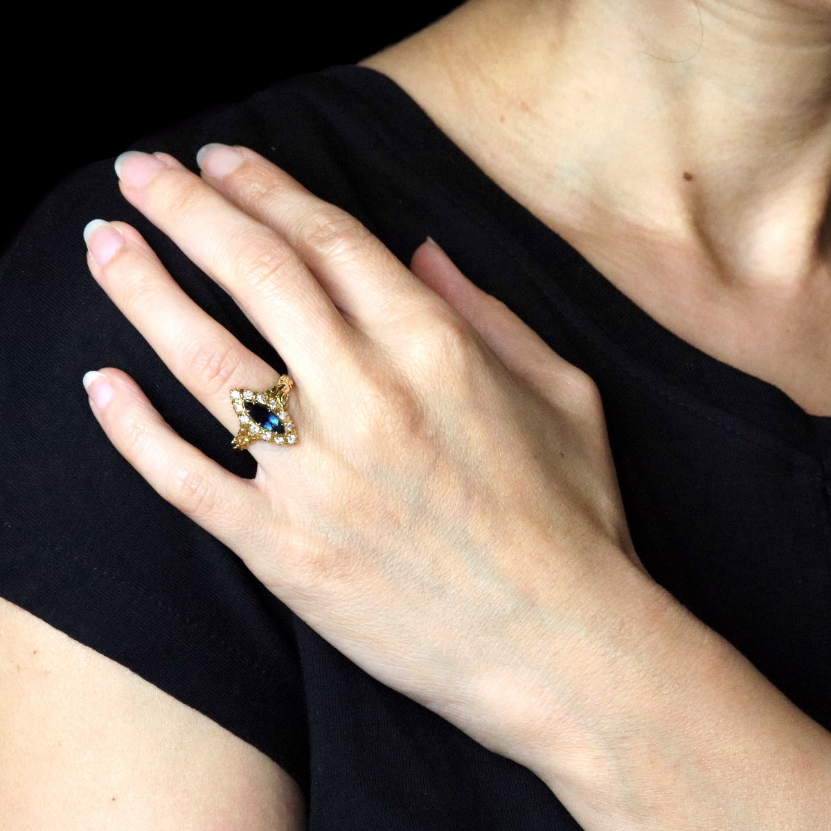 Navette Gold Diamond Sapphire Ring-photo-1