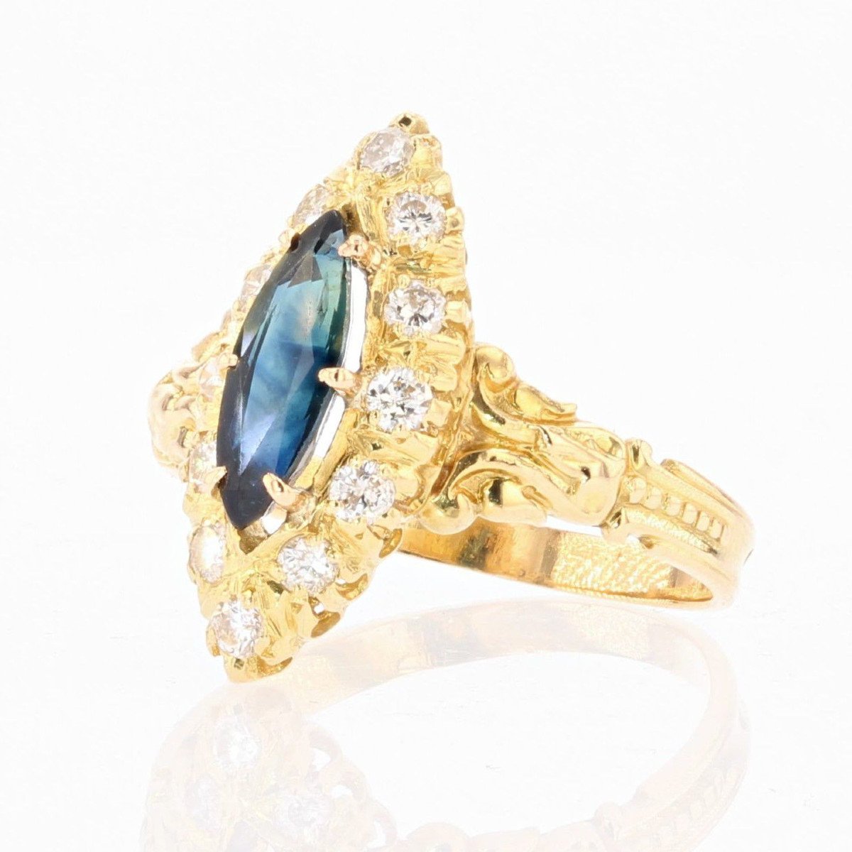 Navette Gold Diamond Sapphire Ring-photo-3