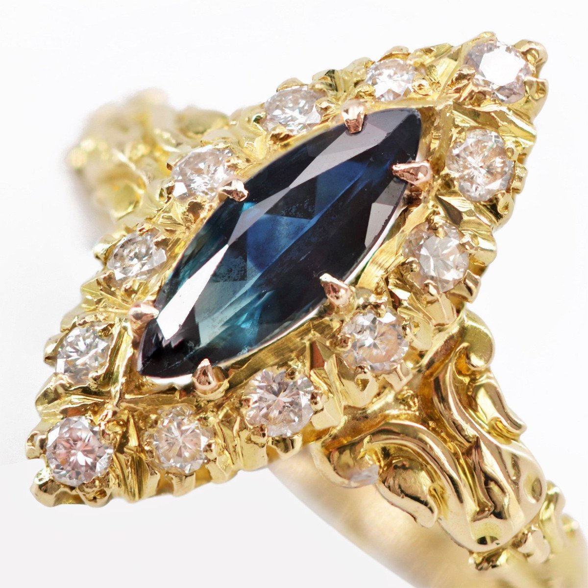 Navette Gold Diamond Sapphire Ring-photo-4