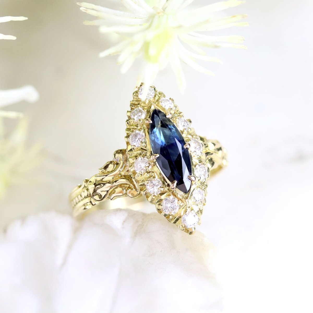 Navette Gold Diamond Sapphire Ring-photo-6