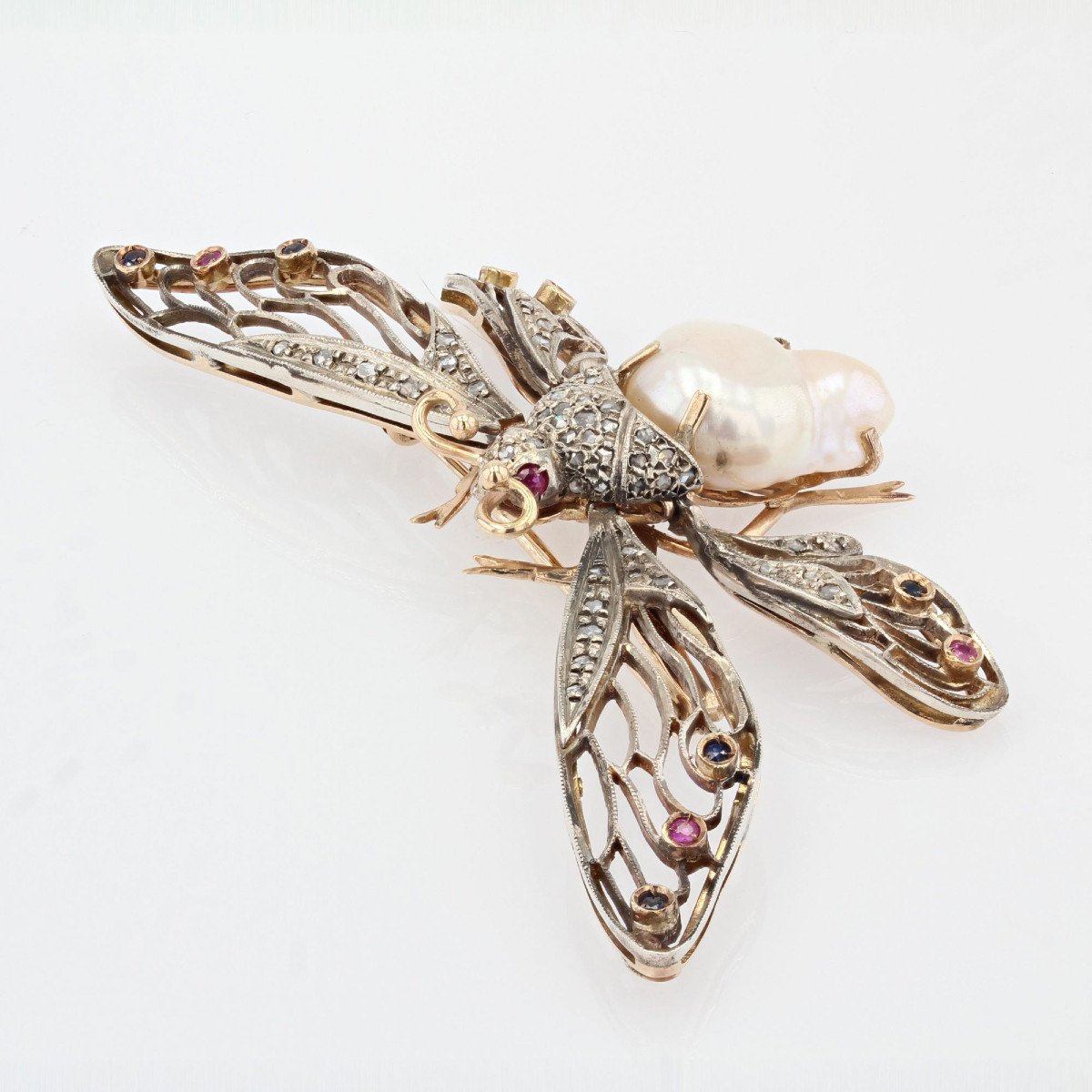 Articulated Butterfly Brooch Baroque Pearl Diamonds Sapphires Rubies-photo-1