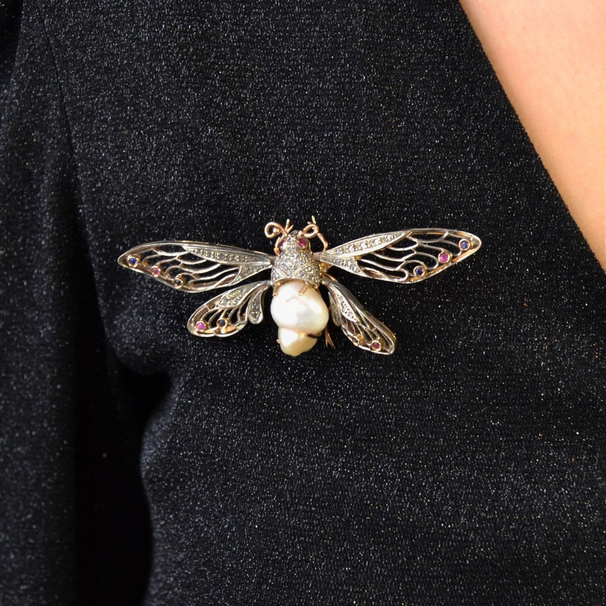 Articulated Butterfly Brooch Baroque Pearl Diamonds Sapphires Rubies-photo-2