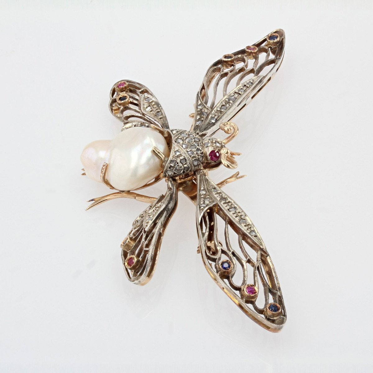 Articulated Butterfly Brooch Baroque Pearl Diamonds Sapphires Rubies-photo-3