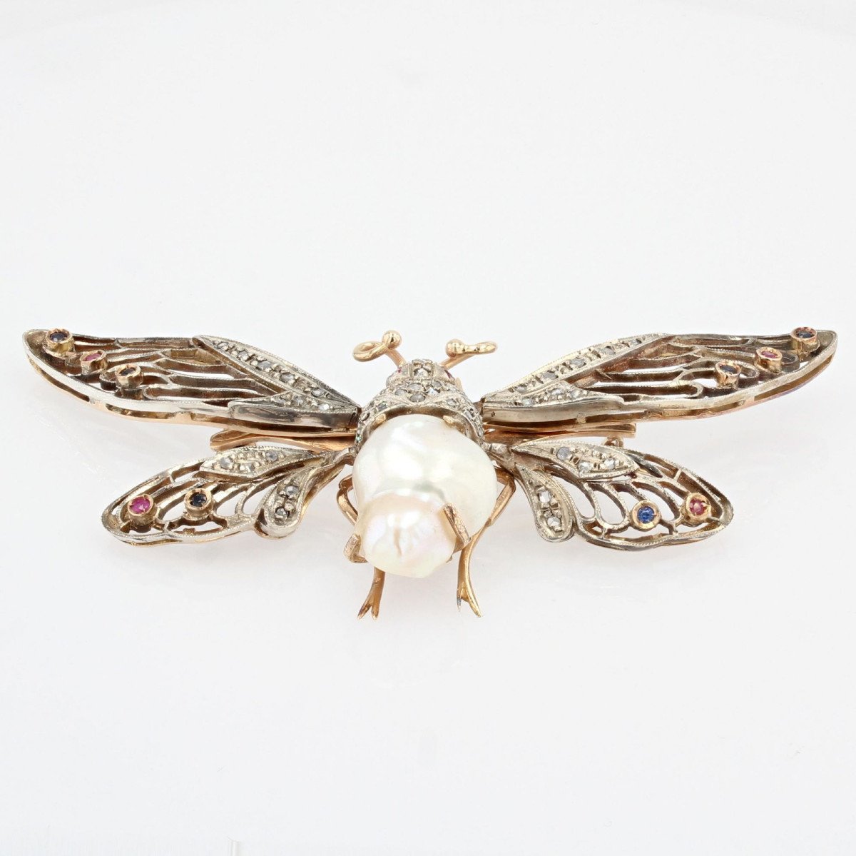 Articulated Butterfly Brooch Baroque Pearl Diamonds Sapphires Rubies-photo-4