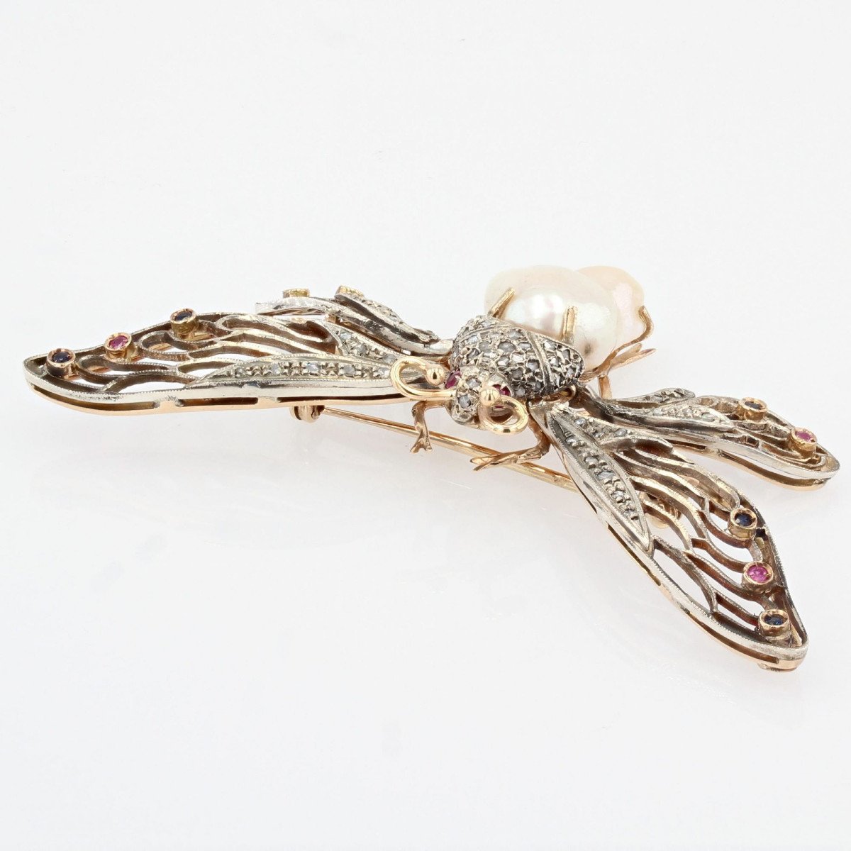 Articulated Butterfly Brooch Baroque Pearl Diamonds Sapphires Rubies-photo-6