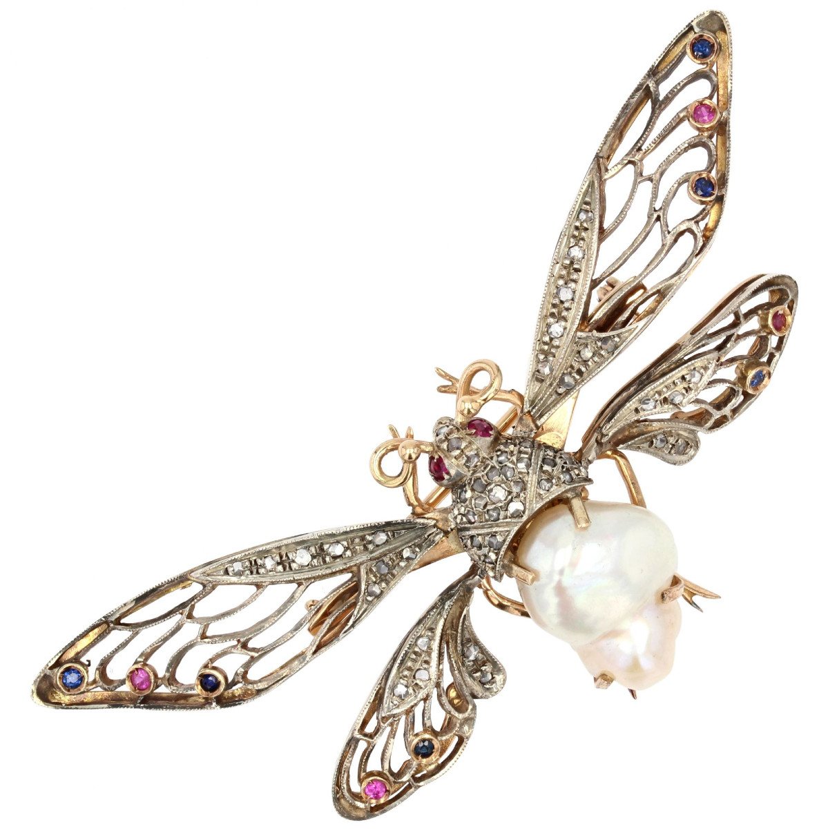 Articulated Butterfly Brooch Baroque Pearl Diamonds Sapphires Rubies
