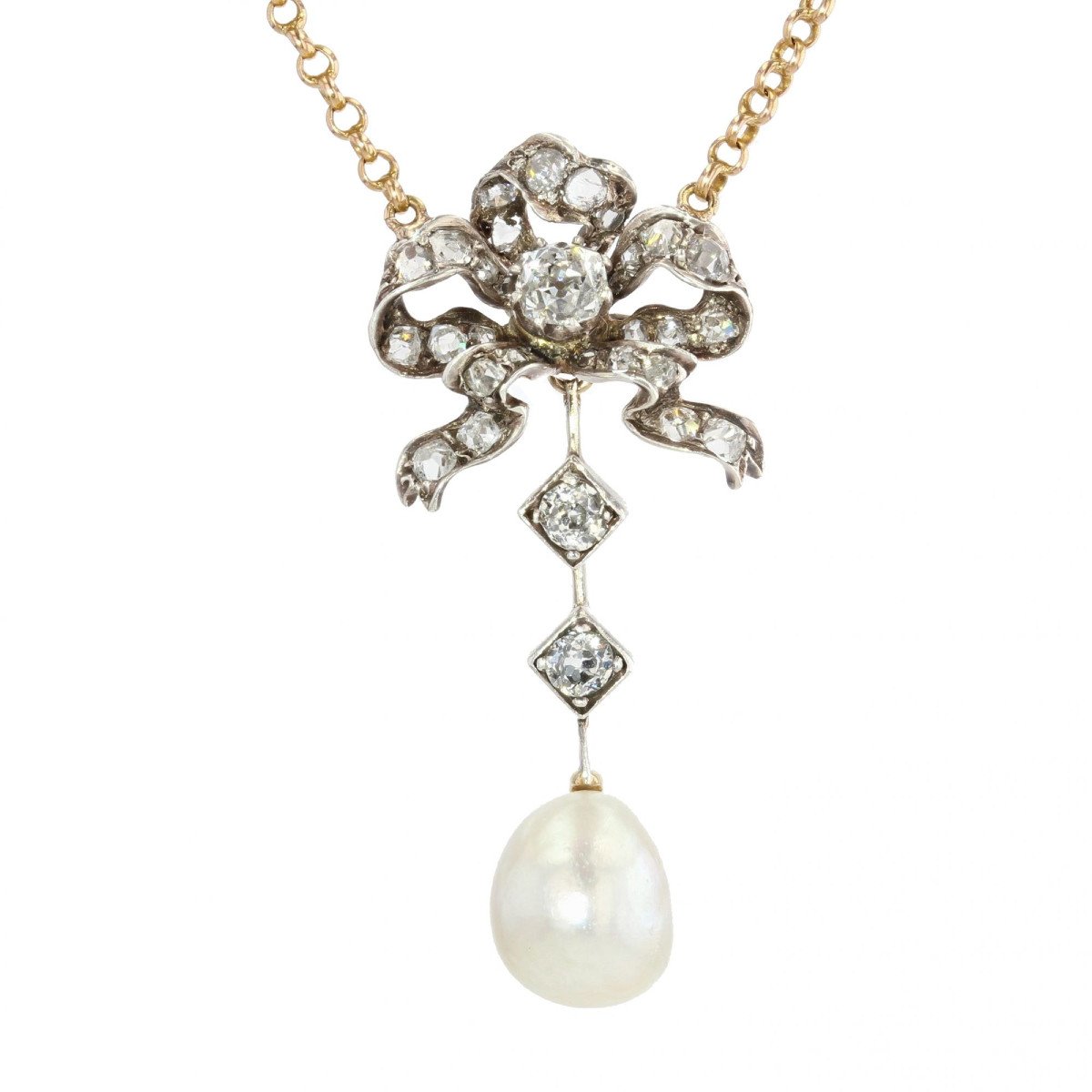Old Diamond Knot And Fine Pearl Necklace