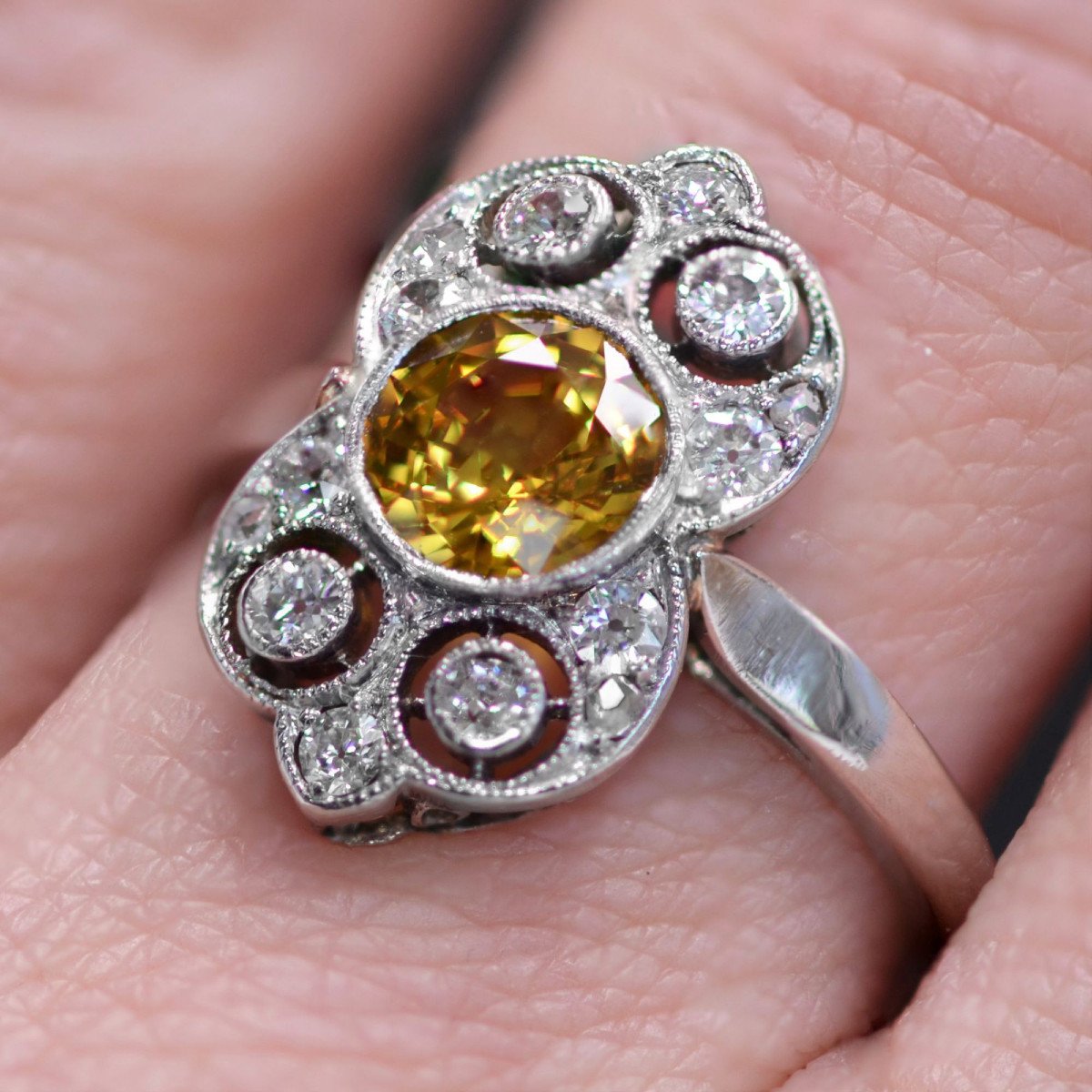 Yellow Sapphire And Diamonds Art Deco Ring-photo-2