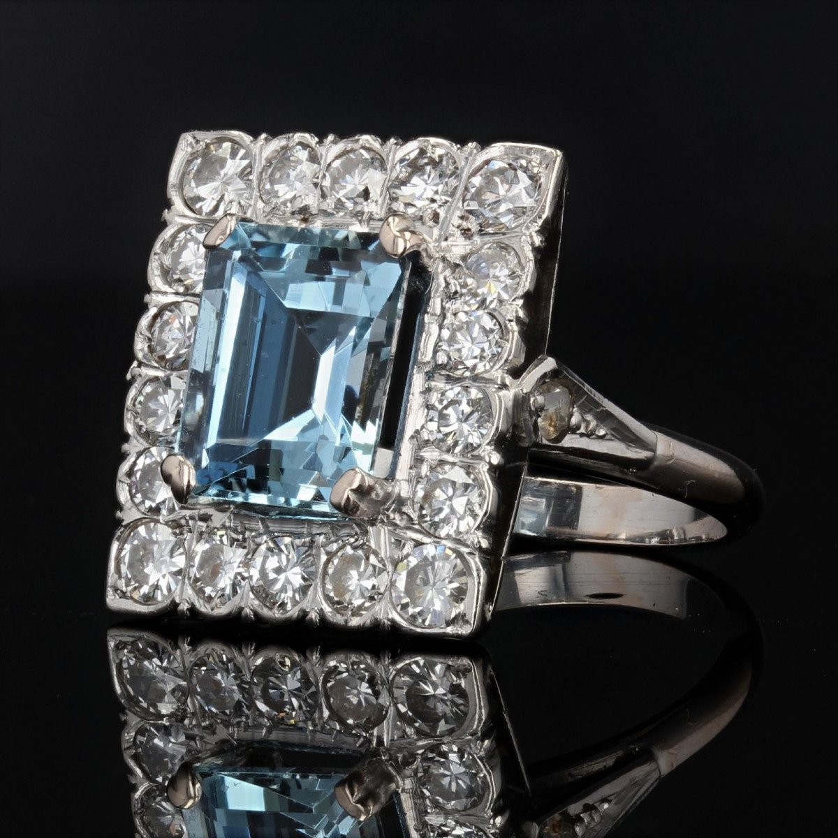Bague Aigue-marine Rectangulaire Et Diamants-photo-1