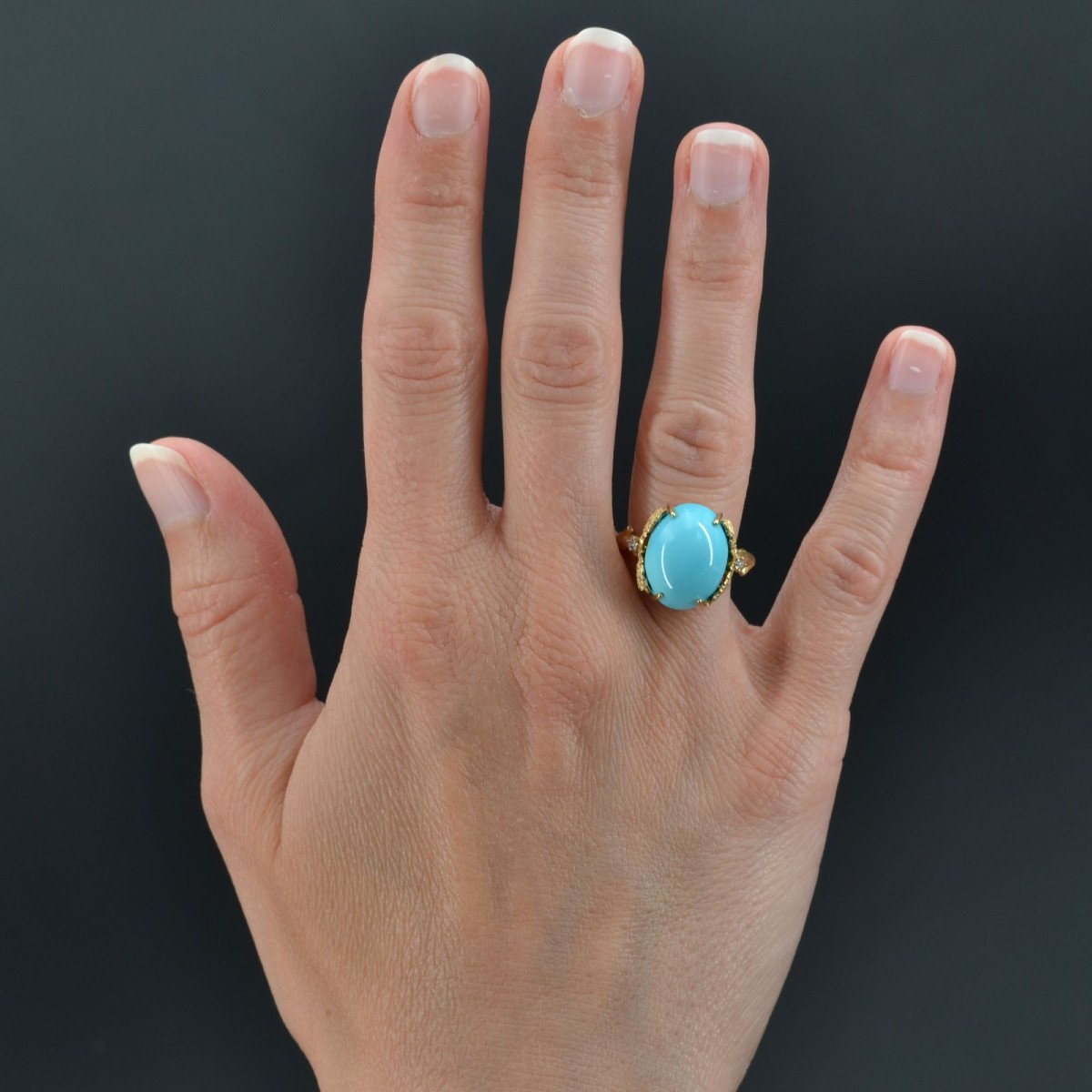 Bague Turquoise Diamants Monture Feuillagée-photo-2