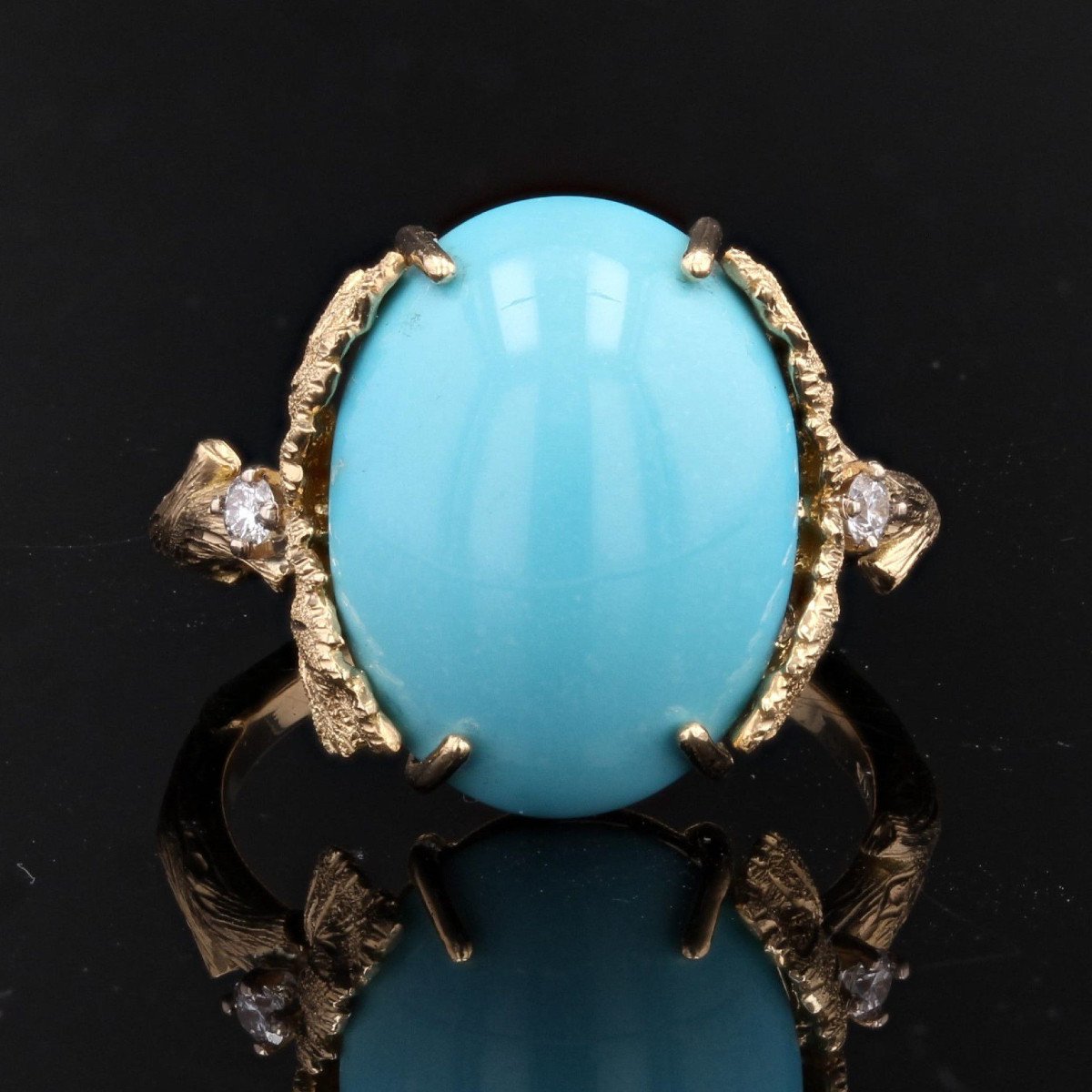 Bague Turquoise Diamants Monture Feuillagée-photo-3